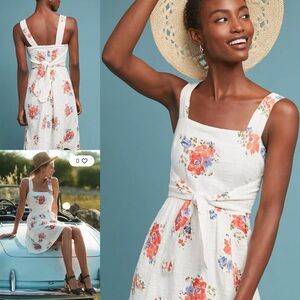 Meadow Rue/Anthropologie Ingalls Tie Waist Dress Ivory Floral Dress Pockets Sz 0